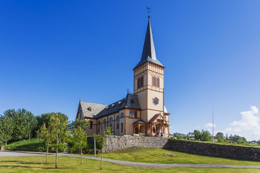 Picturesque Lofoten cathedral (Vagan Church), largest wooden building in Northern Norway. Kabelvaag. Lofoten islands, Norway.