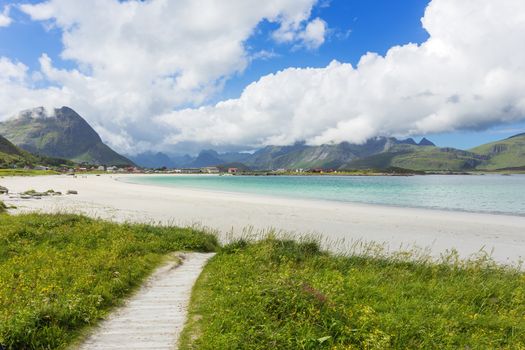 Rambergstranda beach on Lofoten islands. Beautiful sandy beach and azure water. Norway.