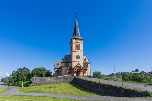 Picturesque Lofoten cathedral (Vagan Church), largest wooden building in Northern Norway. Kabelvaag. Lofoten islands, Norway.