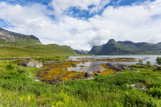 Beautiful scandinavian landscape with mountains and fjords. Lofoten islands, Norway.