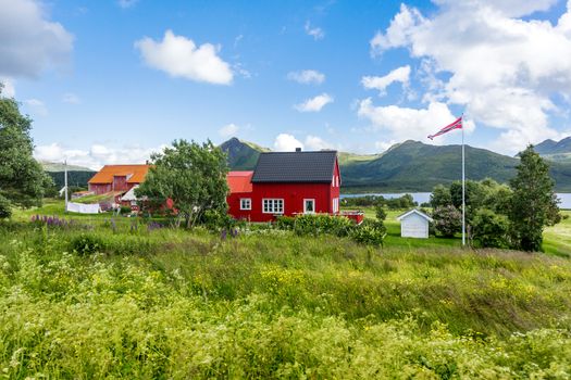 Typical scandinavian landscape with meadows, mountains and village. Lofoten islands, Norway.