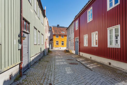 Colorful buildings on streets of Trondheim, Norway. Scandinavian style of architecture.
