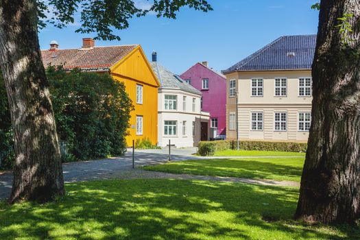 Colorful buildings on streets of Trondheim, Norway. Scandinavian style of architecture.
