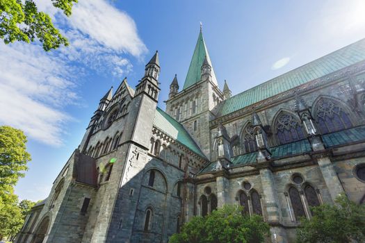 Nidaros Cathedral (Nidarosdomen) in sunny summer day. Trondheim, Norway.