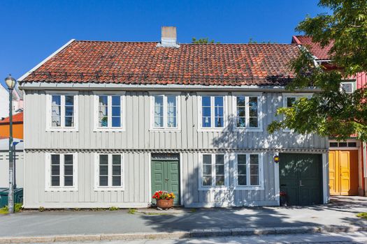 Colorful buildings on streets of Trondheim, Norway. Scandinavian style of architecture.