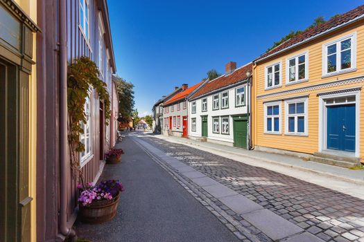 Colorful buildings on streets of Trondheim, Norway. Scandinavian style of architecture.