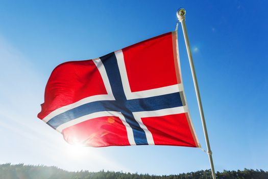 Flag of Norway waving in the wind against summer forest landscape in sunny day.