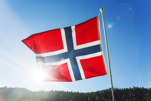 Flag of Norway waving in the wind against summer forest landscape in sunny day.