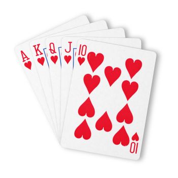 A Hearts royal flush flat on white winning hand business concept