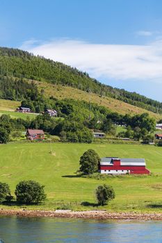 Typical scandinavian landscape with meadows and village. Houses with red walls and roofs. Norway.