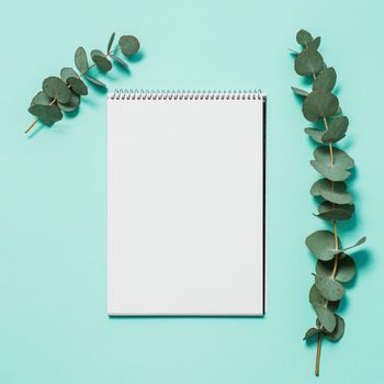 Blank notebook and eucalyptus on blue background. Empty notebook paper and eucalyptus branch on pastel blue background with copy space for text or design. Flat lay, top view, copyspace, square