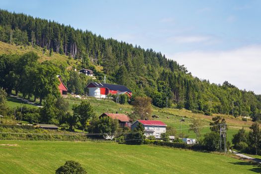 Typical scandinavian landscape with meadows and village. Houses with red walls and roofs, agricultural fields and cows. Norway.