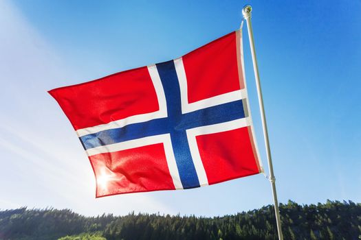 Flag of Norway waving in the wind against summer forest landscape in sunny day.