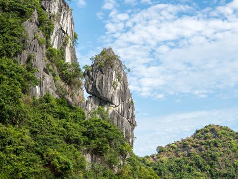 detail of halong bay, rocks and vegetation with blue sky