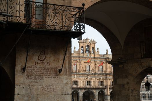 facade of the main square of Salamanca seen by an arch
