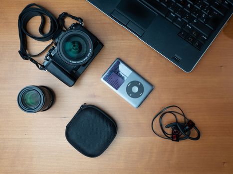 overhead, camera, lens, laptop and headphones