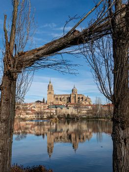 Salamanca cathedral with reflection on the river