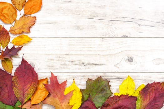 Beautiful autumn background - multicolored colored leaves on a wooden table with copy place.