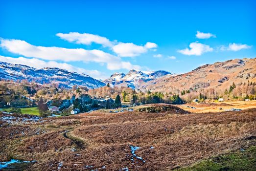 Blues skies over the Langdale Pikes. On a sunny Winter day the imposing Langdale Pikes stand proudly below a blue sky. UK