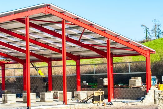Unfinished steel structure building ready for cladding UK