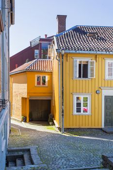 Colorful buildings on streets of Trondheim, Norway. Scandinavian style of architecture.