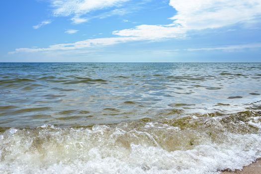 Baltic sea beach and waves on the blue sky background