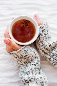 Women holds a cup of hot tea with anise star. Cozy morning at home.