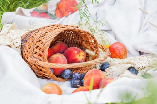 Fruit basket with peaches, plums and pears lying on the lace fabric. Picnic outdoor.