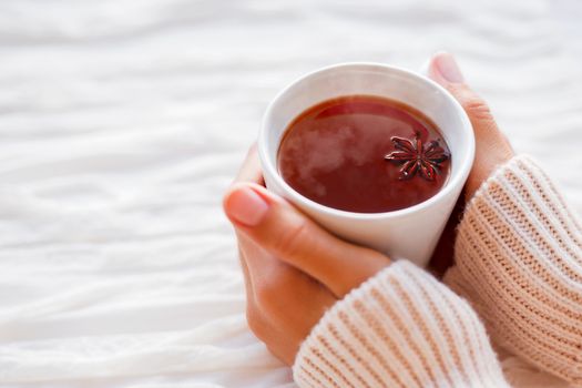 Women holds a cup of hot tea with anise star. Cozy morning at home.