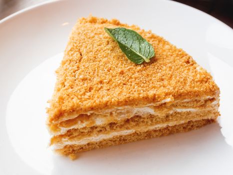 White plate with honey cake. Tasty dessert with sour cream.