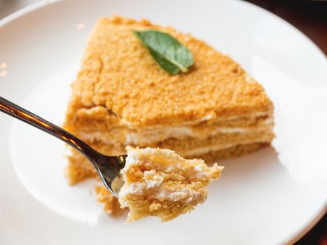 White plate with honey cake. Tasty dessert with sour cream. Metal spoon with a little bite of cake.