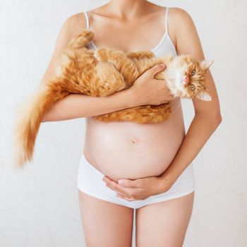 Pregnant woman in white underwear with cute ginger cat. Young woman expecting a baby. Risk of infection toxoplasmosis.