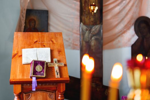 Golden religious utensils. Details in orthodox christian church. Russia.