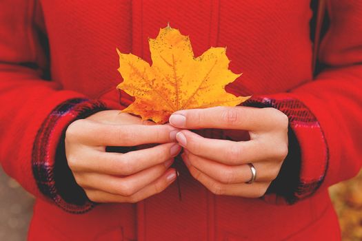 Woman in bright red coat holds a yellow maple leaf. Autumn symbol. Vintage film style.