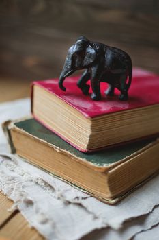 Two old books and statue of elephant on homespun napkin. Interesting reading, vintage background.