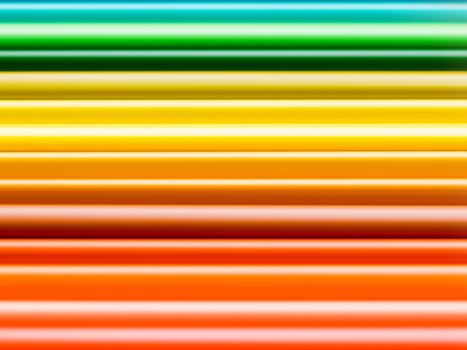 Horizontal row of orange, yellow and green watercolor pencils. School supplies background. Kid's stationery. Back to school backdrop with abstract rainbowgradient lines.