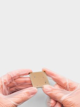 Hands in rubber glove with Central Computer Processor. CPU on grey background. Technological detail of personal computer.