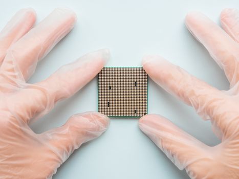 Hands in rubber glove with Central Computer Processor. CPU on light blue background. Technological detail of personal computer.