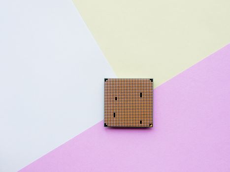 Central Computer Processor. CPU on geometric background. Colorful copy space. Technological detail of personal computer.