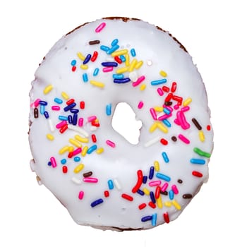 Donut with color sprinkles isolated on white background top view