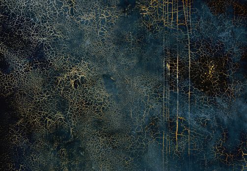 Dark blue texture with gold cracks. Surface with craquelure effect.