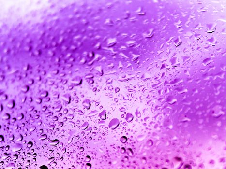 Rain drops on glass. Silhouettes of violet water drops on a transparent surface.