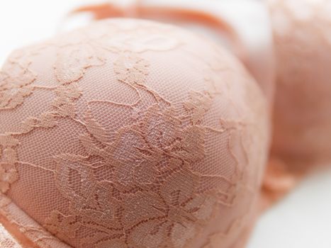 Beige lace bra on white background. Elegant underwear.