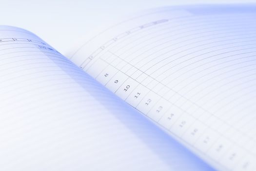 Clear pages of undated diary. Blue light falls on the numbered lines of daily planner. To do list.