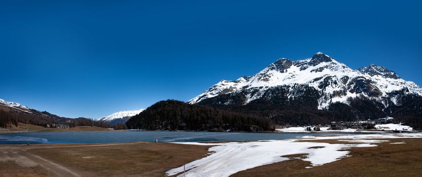 Silvaplana lake in Engadine in Switzerland. Alpine scenic lake