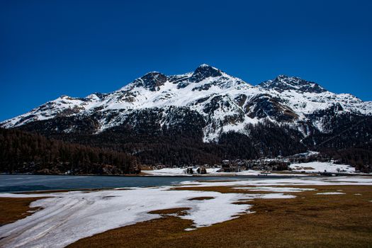 Silvaplana lake in Engadine in Switzerland. Alpine scenic lake