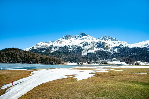 Silvaplana lake in Engadine in Switzerland. Alpine scenic lake