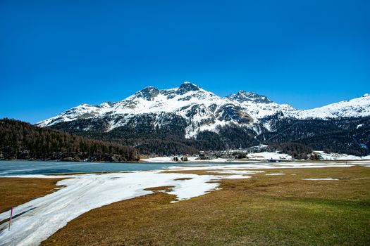 Silvaplana lake in Engadine in Switzerland. Alpine scenic lake