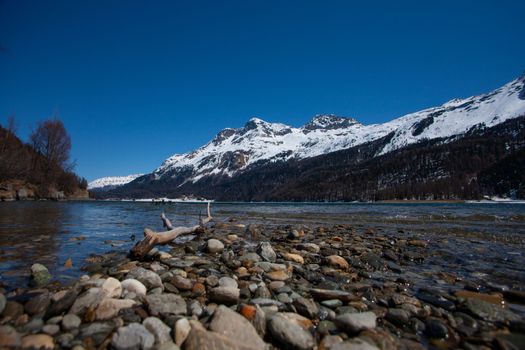 Silvaplana lake in Engadine in Switzerland. Alpine scenic lake