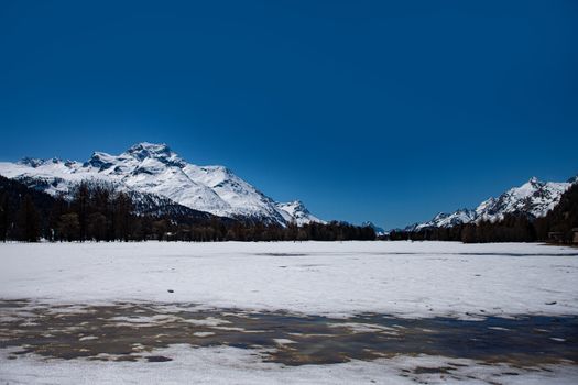 Silvaplana lake in Engadine in Switzerland. Alpine scenic lake